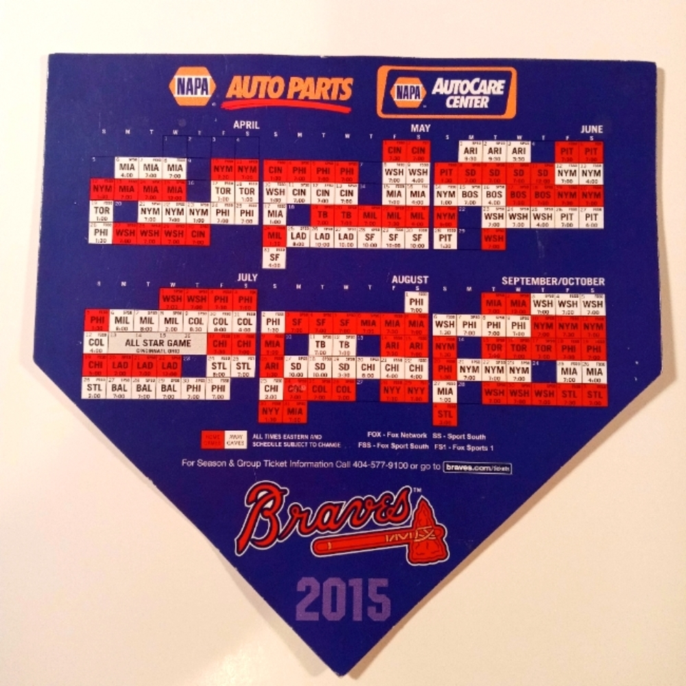 Vintage 2015 NAPA Magnetic Atlanta Braves Baseball Schedule